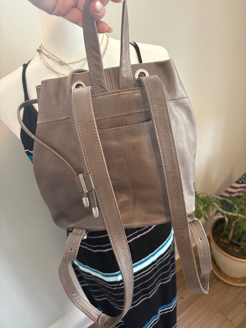 HOBO Taupe Drawstring Leather Backpack - Picture 5 of 5